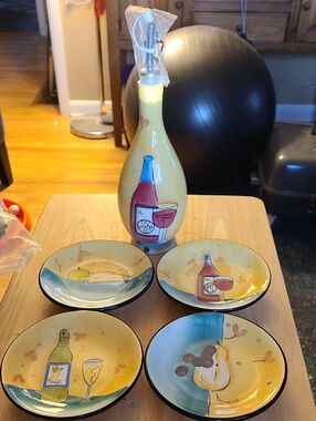 Hand-Painted Yellow Wine Bottle & Small Bread Dipping Plate /Oil Bottle  Set